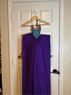 T-Bags Purple Maxi Dress with Turquoise Beaded Halter